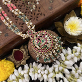 Vriksham Peacock Pendant 2 Layer Green Beaded Mala-Red White-White Aqua Bead-J3328